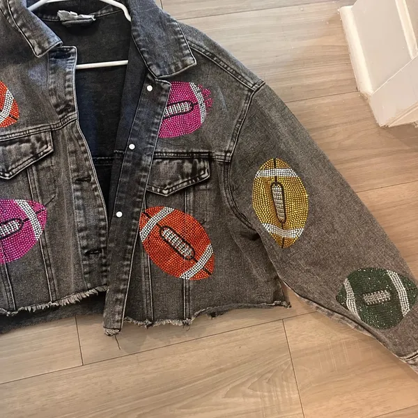 Denim rhinestone football jacket - Image 5