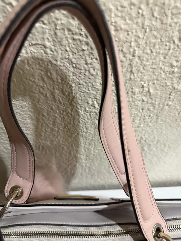 Guess Blush & Cream Colorblock Tote Bag Gold Logo Charm Pom Pom Large - Image 16