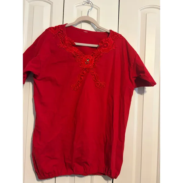 Blouse Romantic Vintage Red Floral Lace Applique Bubble‎ Hem L - Image 2
