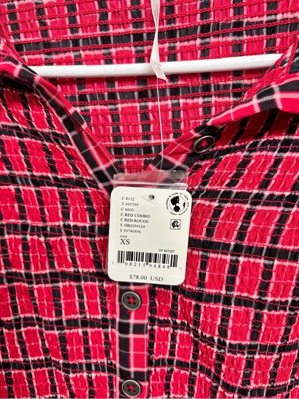NWT Free People Red Plaid Smocked Button-Front Long Sleeve Top (Size XS) - Image 5