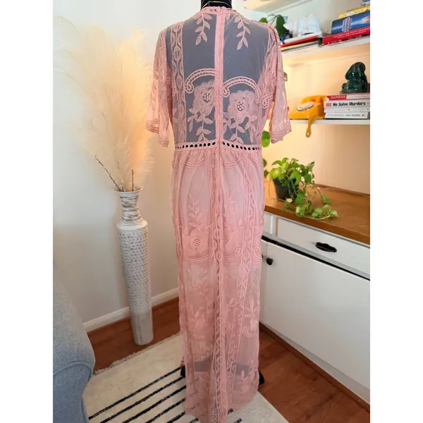 Blush Pink Lace Romper Maxi Dress Deep V Neck Floral XL - ELETER - Image 2