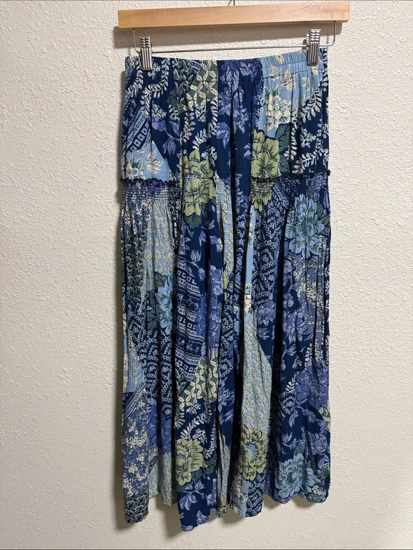 Angie Blue Patchwork Floral Wide‎ Leg Boho Pants Smocked Size Small - Image 3