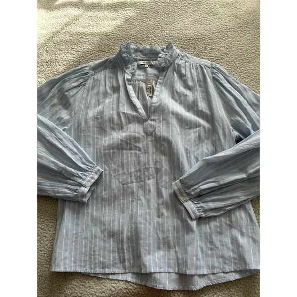 Madewell $98 Ruffled Popover Long Sleeve Top Stripe Blue Cotton Blouse Size M - Image 7