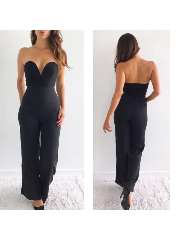 Tobi Navy Strapless Deep V Flowy Jumpsuit - size M - Image 2