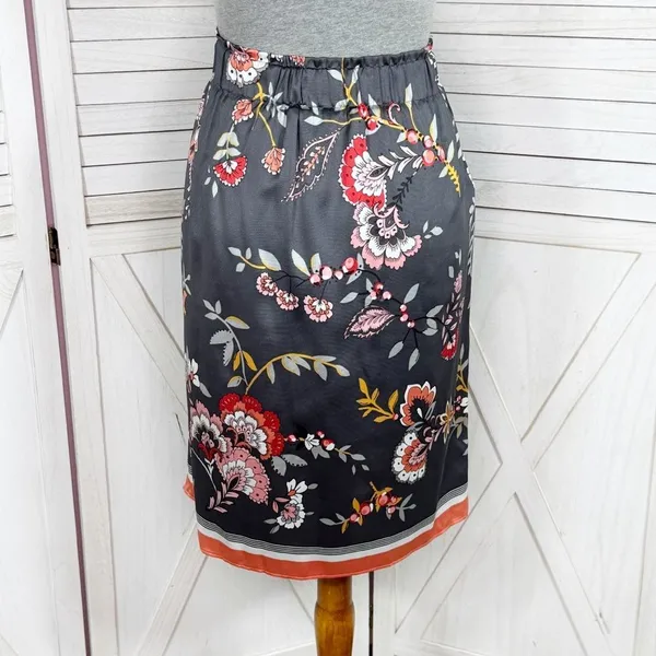 Loft Floral‎ Satin Faux Wrap Scarf Skirt Grey Coral Medium - Image 4