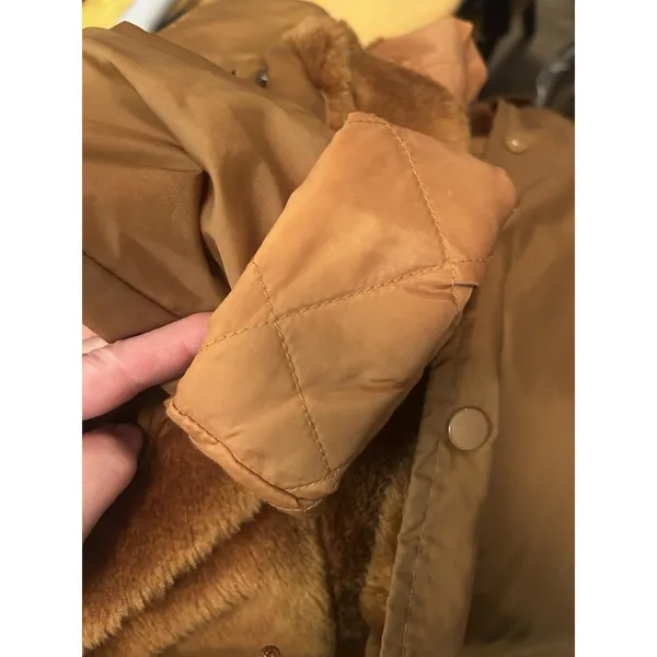 Vintage Camel Brown Faux Fur Lined Coat Jacket Snap Front Unisex Size L-XL Warm - Image 7