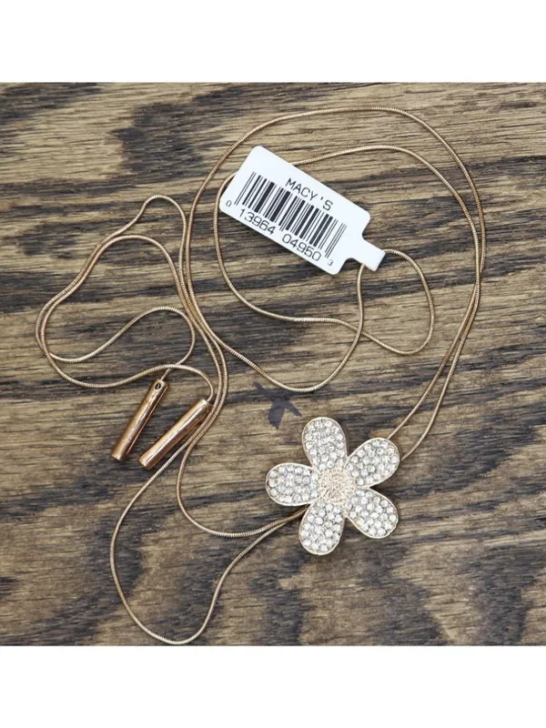 NWT Mcys Flower Rhinestone Pendant Pull Drawstring Necklace Rose Gold - Image 2