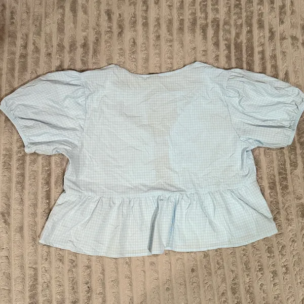 Wild Fable Blue Gingham Tie Front Peplum Puff Sleeve Top Womens Medium - Image 6