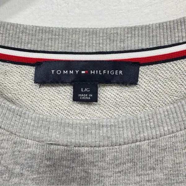 Tommy Hilfiger Gray Crewneck Sweatshirt Red Print Sleeves Navy Stitched Logo - Image 7