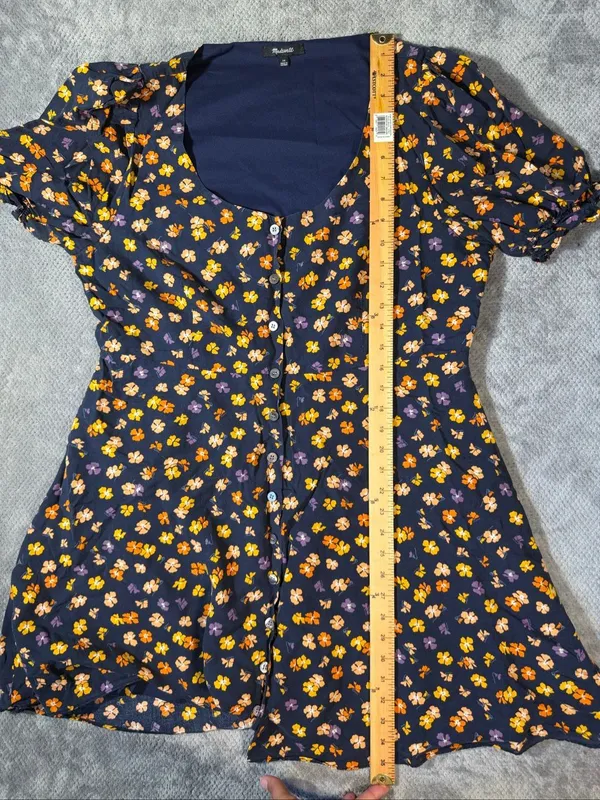 Madewell Sz 14 Navy Floral Button Front Puff Sleeve Mini Dress Cottagecore Boho - Image 10