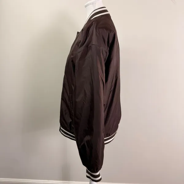 Tna Aritzia Stadium Jacket Brown Satin Varsity Bomber Striped Trim Women XL - Image 3