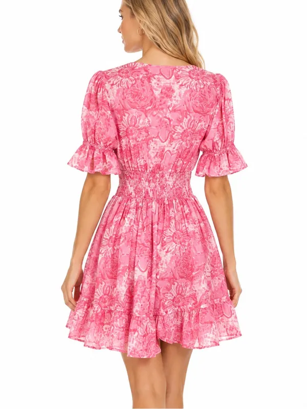 Lilbelle Pink Floral Smocked Waist Mini Dress Ruffle Sleeve Small - Image 2