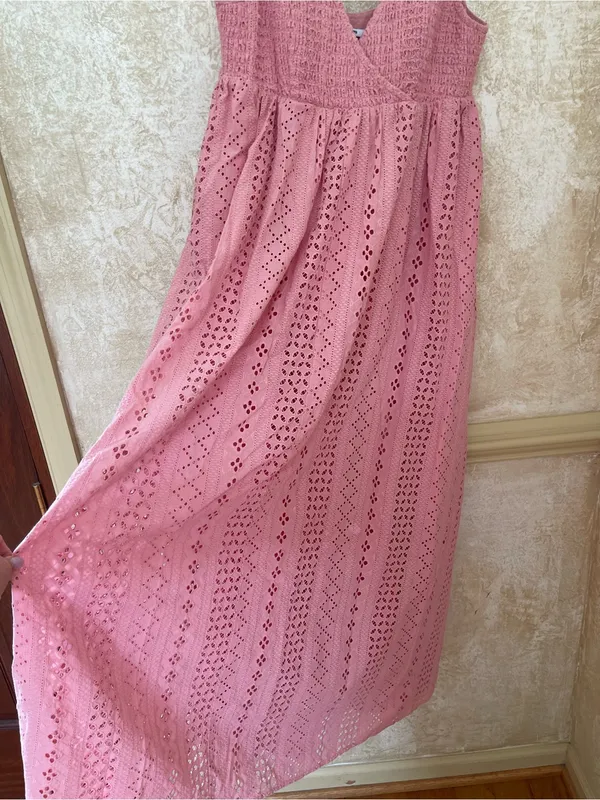 Maison Amory Maternity Sleeveless Eyelet Maxi Dress Pink Cotton Crocheted Sz S - Image 6