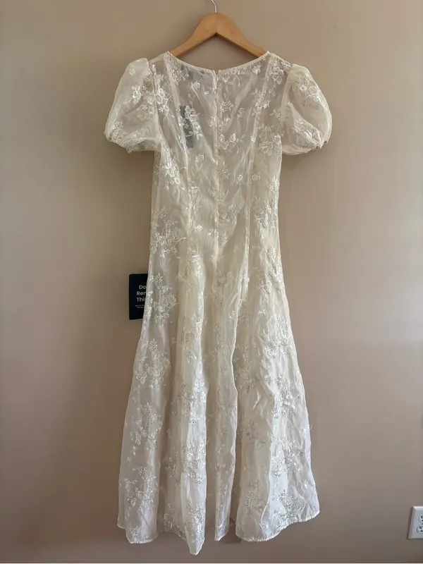Lulus Elfrieda Cream Floral Embroidered Puff Sleeve Midi Dress Size Small Bridal - Image 6