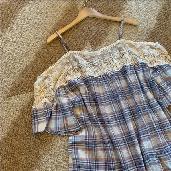 Soiéblu Cold Shoulder Lace Trim Plaid Dress Size Small - Image 4