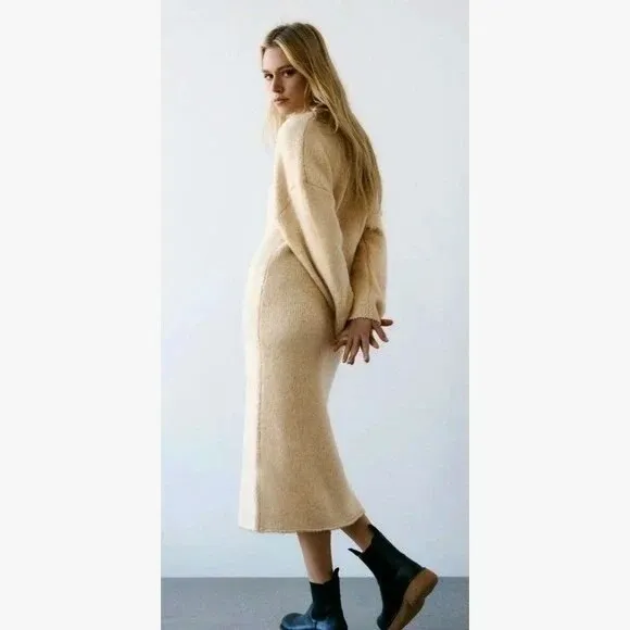ZARA Alpaca Knit Midi Dress Light Tan Sand Coastal Blogger Favorite Medium - Image 8