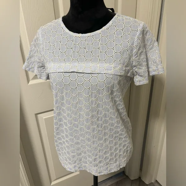 J.Crew Seersucker Eyelet Top • Blue & White • Short Sleeve • Summer - Image 2