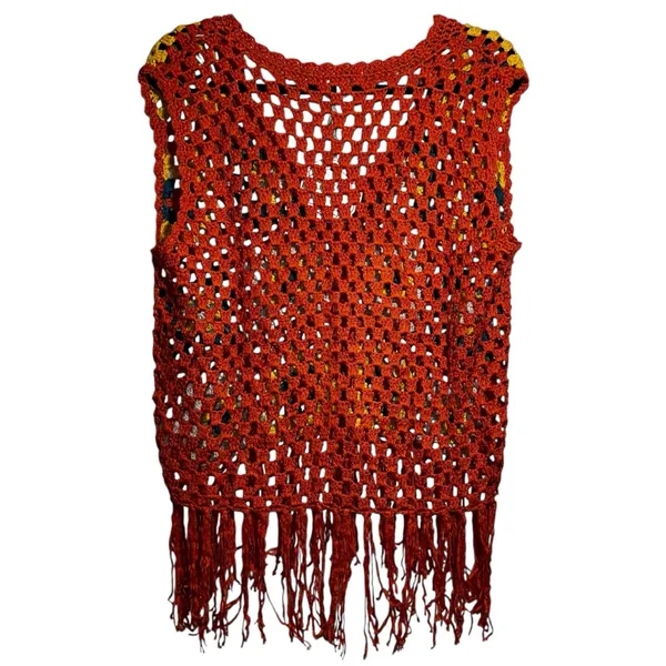 UMGEE Orange Crocheted Squares Sleeveless Cardigan‎ Large Grannycore Boho Fringe - Image 2