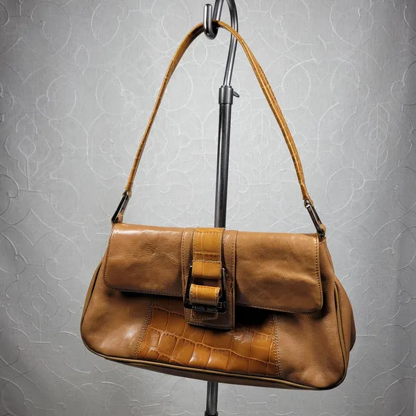 VTG Franco Sarto Y2K Leather Shoulder Bag Tan Alligator Trim Baguette Purse - Image 2
