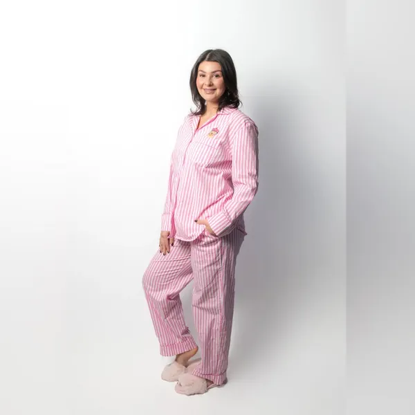Bon‎ Artis Pink Striped Cat Embroidery Pajama Set 100% Cotton Women’s Size 1 - Image 2