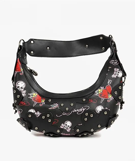 🔥 NWT Ed Hardy Y2K Tattoo Print Studded Hobo Bag Black 🖤 - Image 7