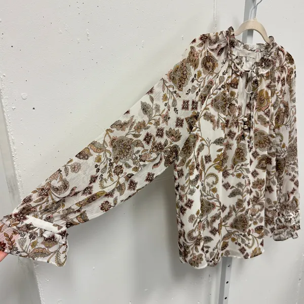 Loft Women's Paisley Floral Ruffle Neck Keyhole Blouse‎ Cream Brown Size M - Image 4
