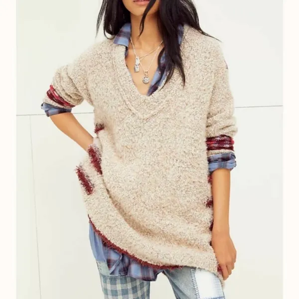 Free People Cloud Oversized Tunic Sweater V Neck Grey Tan Red Pink Size XS - Image 3
