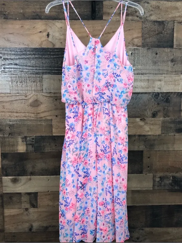 My Story Pink Floral Midi Dress with Blue Floral Print - Image 4