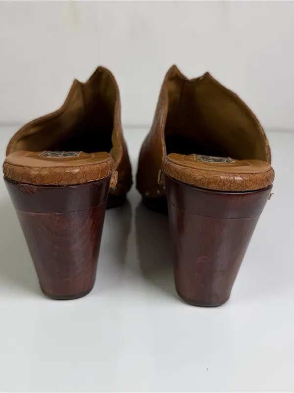 Salpy Womens 9 Brown Leather Studded Wood Platform Clogs Mules Boho Y2K Retro - Image 5
