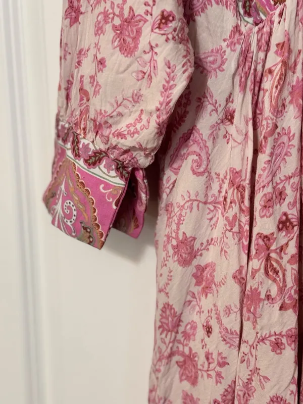 Entro Dolman Sleeve Pink Floral Paisley Boho Tie Tassel V-neck Mini Dress Large - Image 3