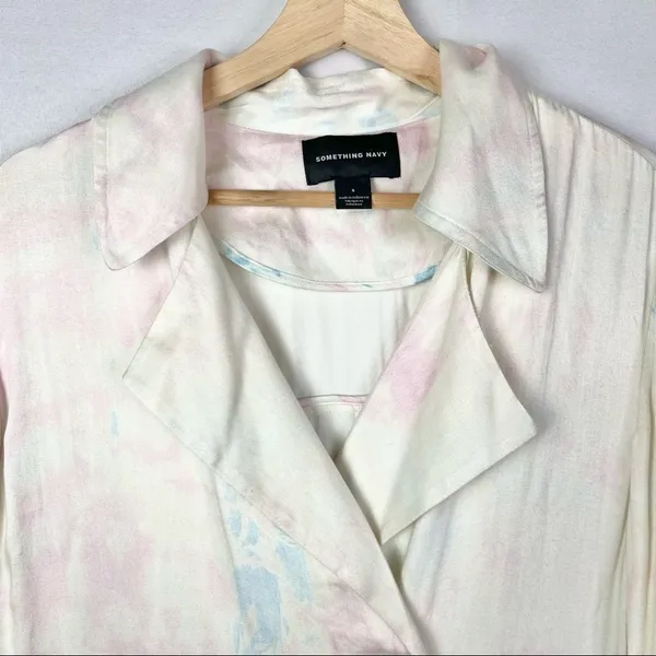 NEW‎ Something Navy Pastel Tie Dye Satin Long Trench Coat S - Image 5