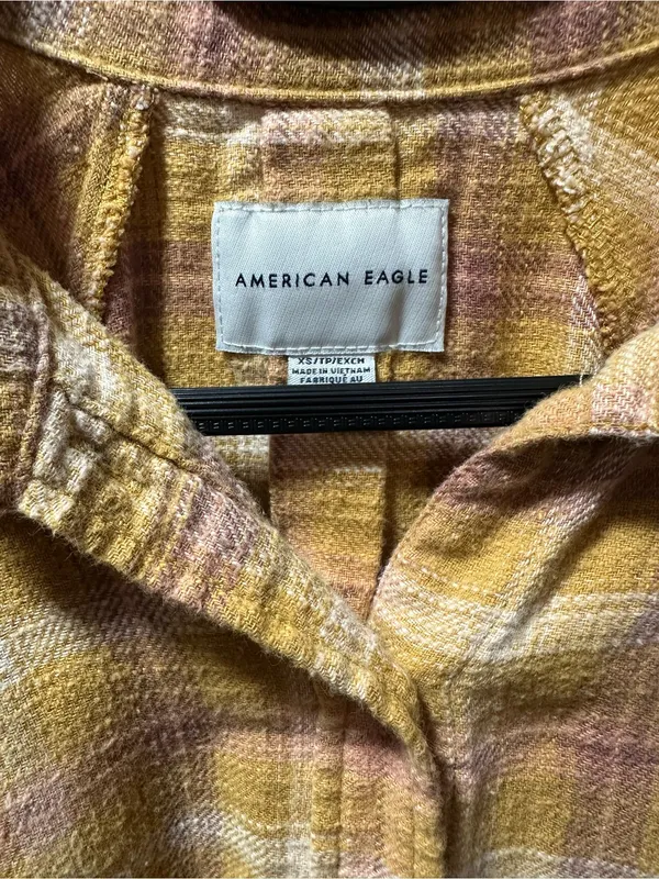 American Eagle Outfitters Yellow and Pink Plaid Button-Down Shirt - Image 3