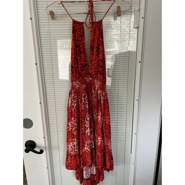 Free People Dress Beach Day Red And White‎ Halter Flowy Mini Boho Size L - Image 14
