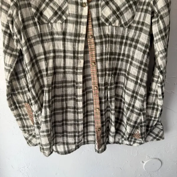 Free People‎ Womens Plaid Long Sleeve Button Shirt Olive Green Bohemian Cabin XS - Image 3