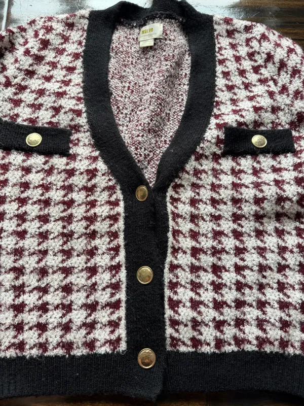 Anthropologie Maeve Burgundy and White Houndstooth Cardigan - Image 2