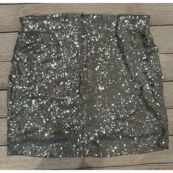 Tipsy Elves Lined Silver Sequin Mini Skirt Holiday Elastic Zipper Waist Size L - Image 2
