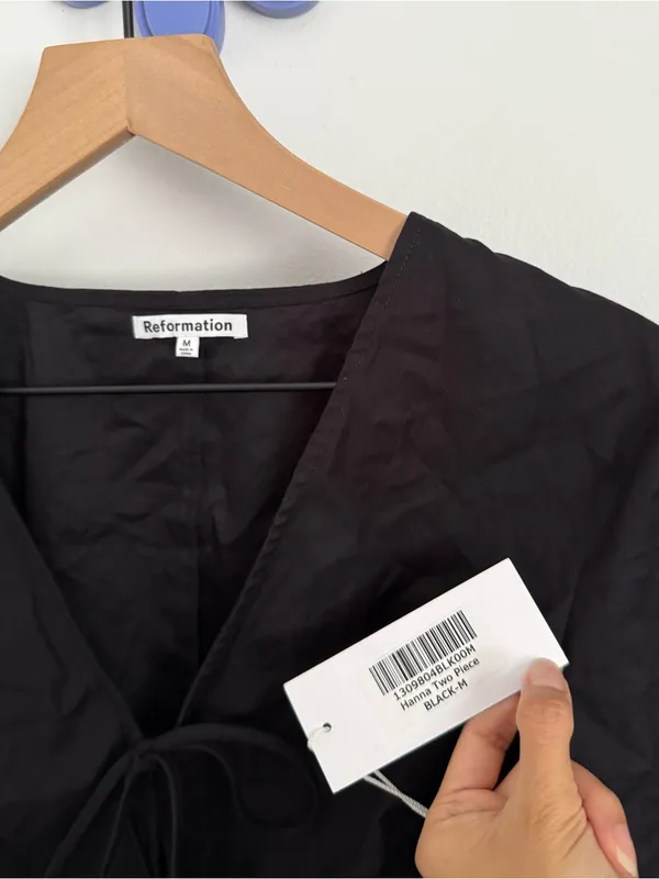 Reformation Medium NEW Hanna Top Black Organic Tie Front Crop Boxy Fit Business - Image 4
