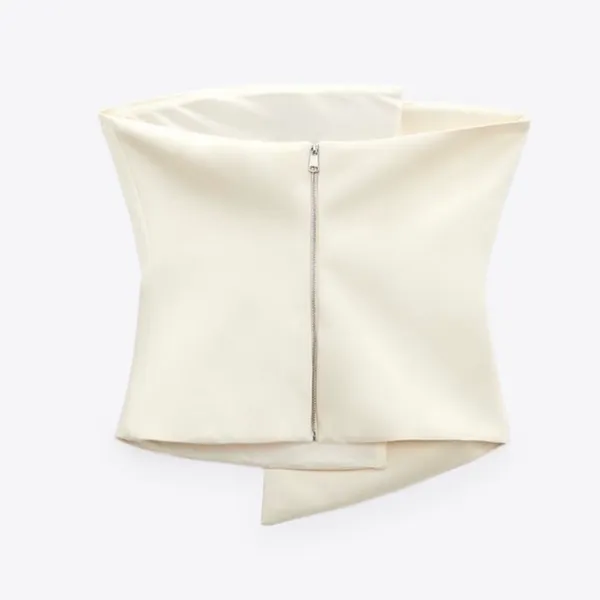 ZARA ivory white satin asymmetrical wrap zipper back strapless tube top - Image 4