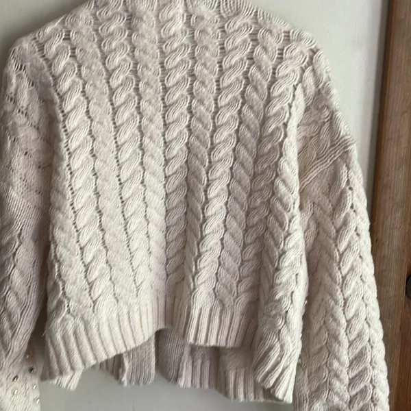 Anthropologie Embellished Pearl Open Cream Cardigan - Image 11