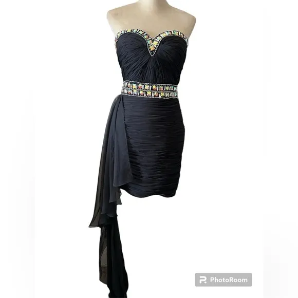 Jolene Chiffon Strapless‎ Jeweled Chiffon Tail Ruched Cocktail Dress Sz 6 $390 - Image 4