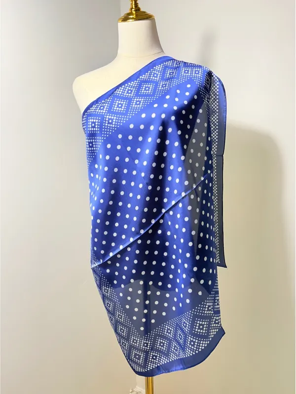 Elegant Blue Polka Dot and Geometric Border Square Satin Polyester Scarf - Image 2