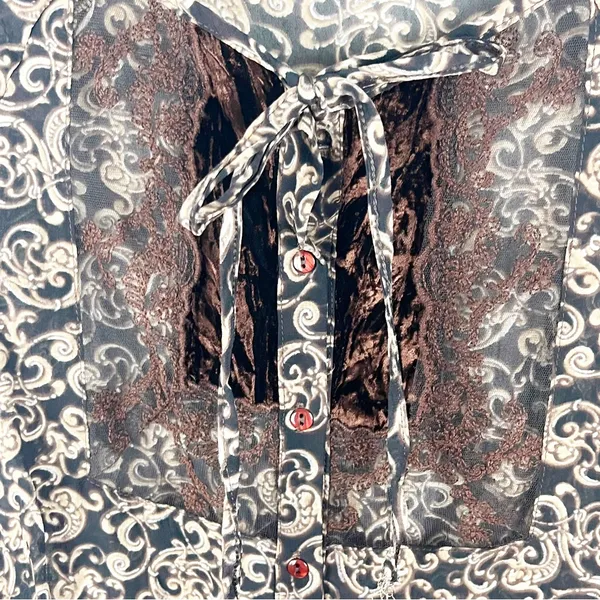 SANDRO Baroque Brown Paisley Print Sheer Lace Trim Blouse Size Small Boho Chic - Image 5