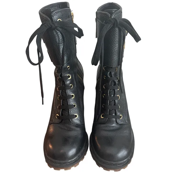 Tory Burch Combat Boots Black Leather Double Buckle Heeled Moto Size 9 - Image 3