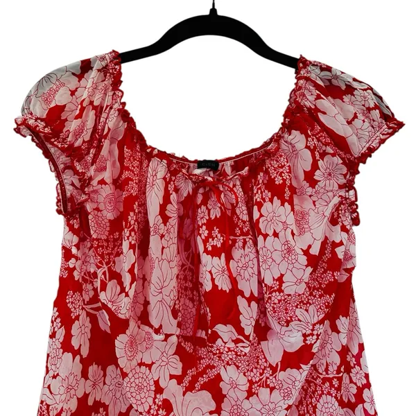 Vintage Y2K Babydoll Top Milkmaid Red Floral Ruffle Bow Fairy Coquette Size L - Image 2
