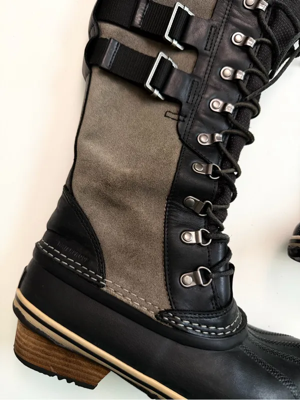 Sorel Boots Conquest Carly Leather Tall Lace Up Buckles Moto Olive Green Black - Image 6