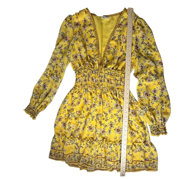 Max Studio Yellow Floral Smocked V-Neck‎ Mini Dress Cottage Boho Feminine Spring - Image 12