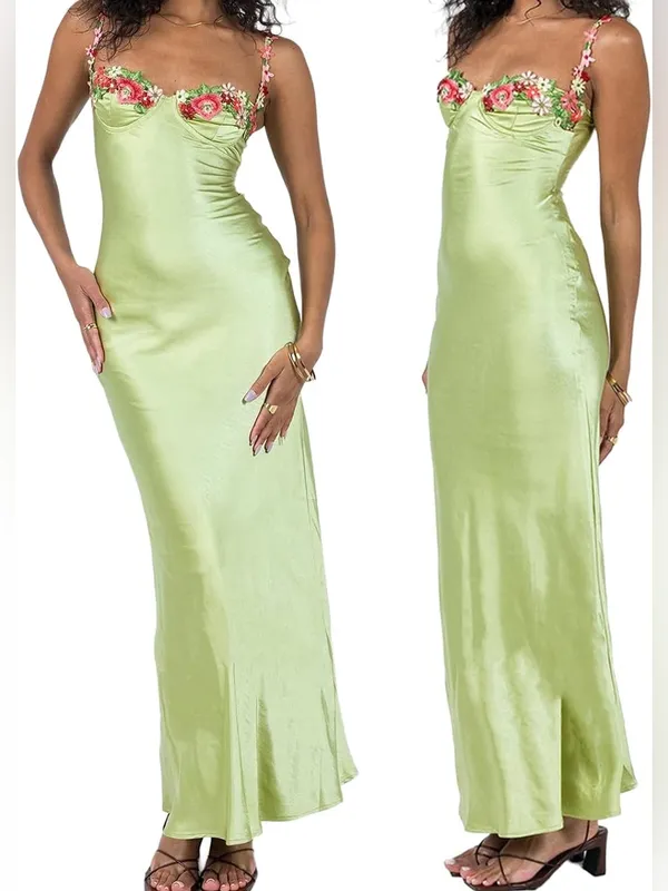 Y2K Fairycore Green Satin Slip Maxi Dress Size Medium Flower Strap Bodycon - Image 14