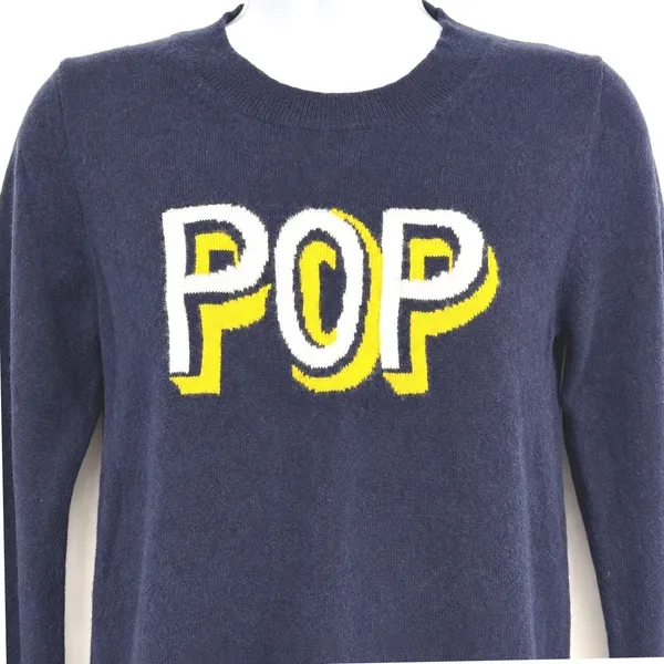 J.Crew‎ Cashmere Sweater Women SM Navy Blue Pop Art Graphic Intarsia Knit Top - Image 4