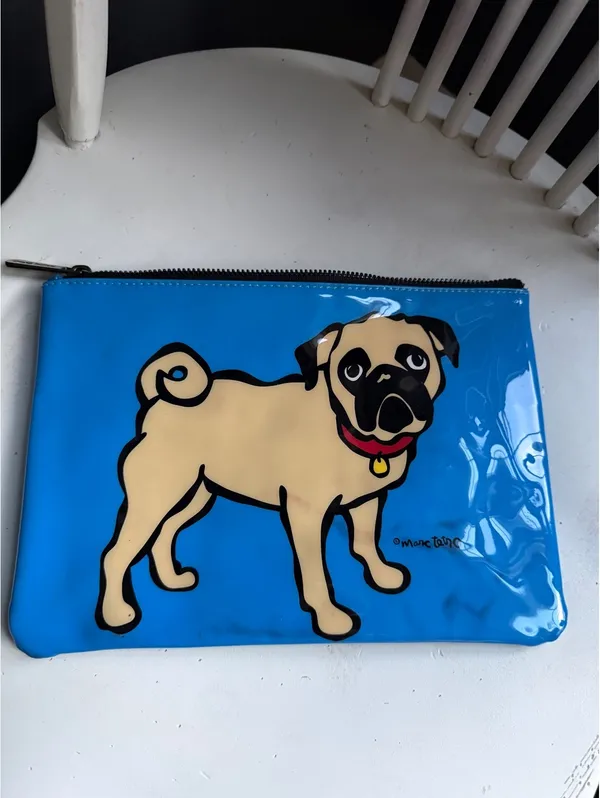 Marc Tetro Pug Dog Blue Vinyl Zip Pouch with Striped Lining - Image 3