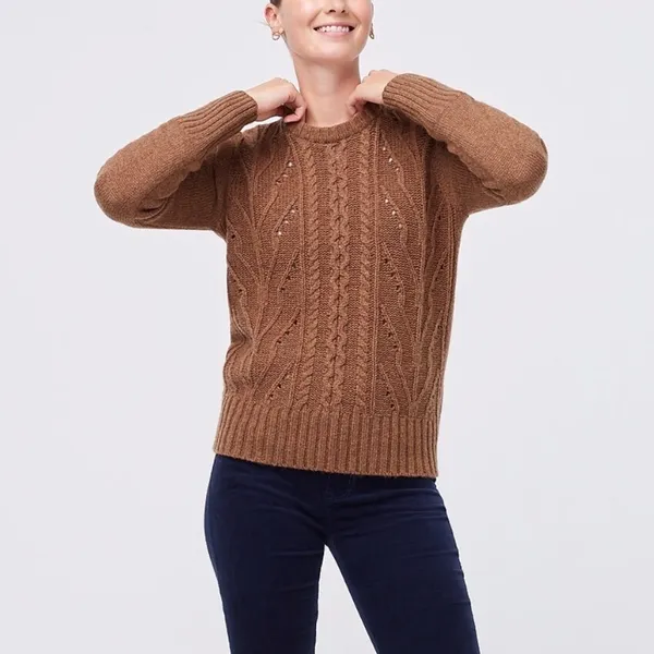 NWT J.Crew Pointelle cable-front  sweater Wool Blend Small Brown - Image 5